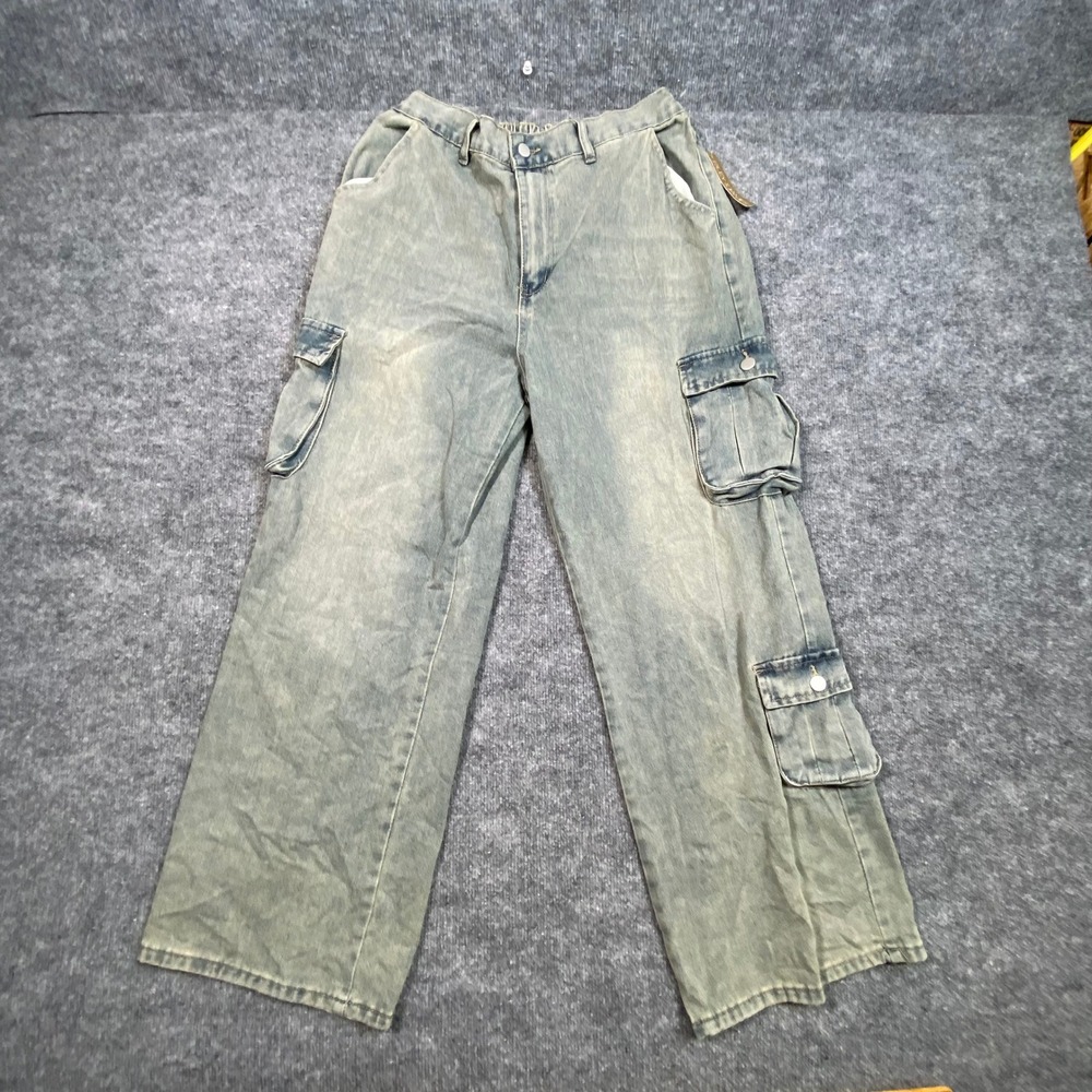 Riley & James Women XL Sage Green Acid Wash Wide Leg Cargo Jeans Elastic Waist